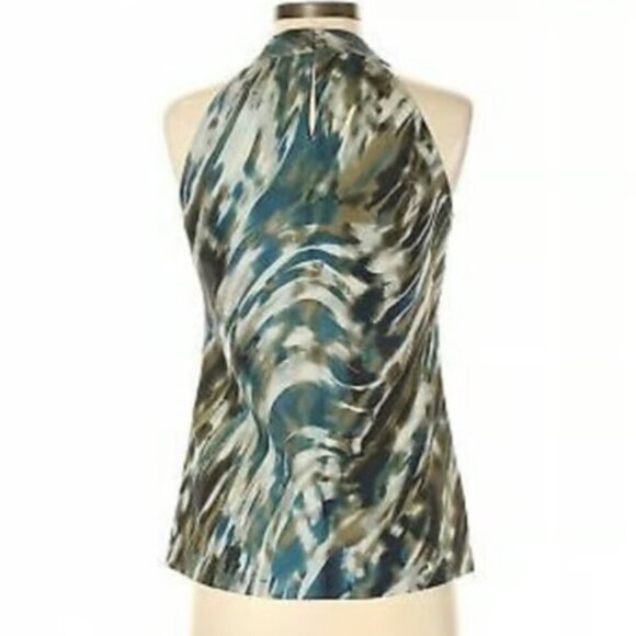 ANN TAYLOR Olive Green Teal Abstract Geometric Geo Halter Sleeveless Tank Blouse - Picture 3 of 13